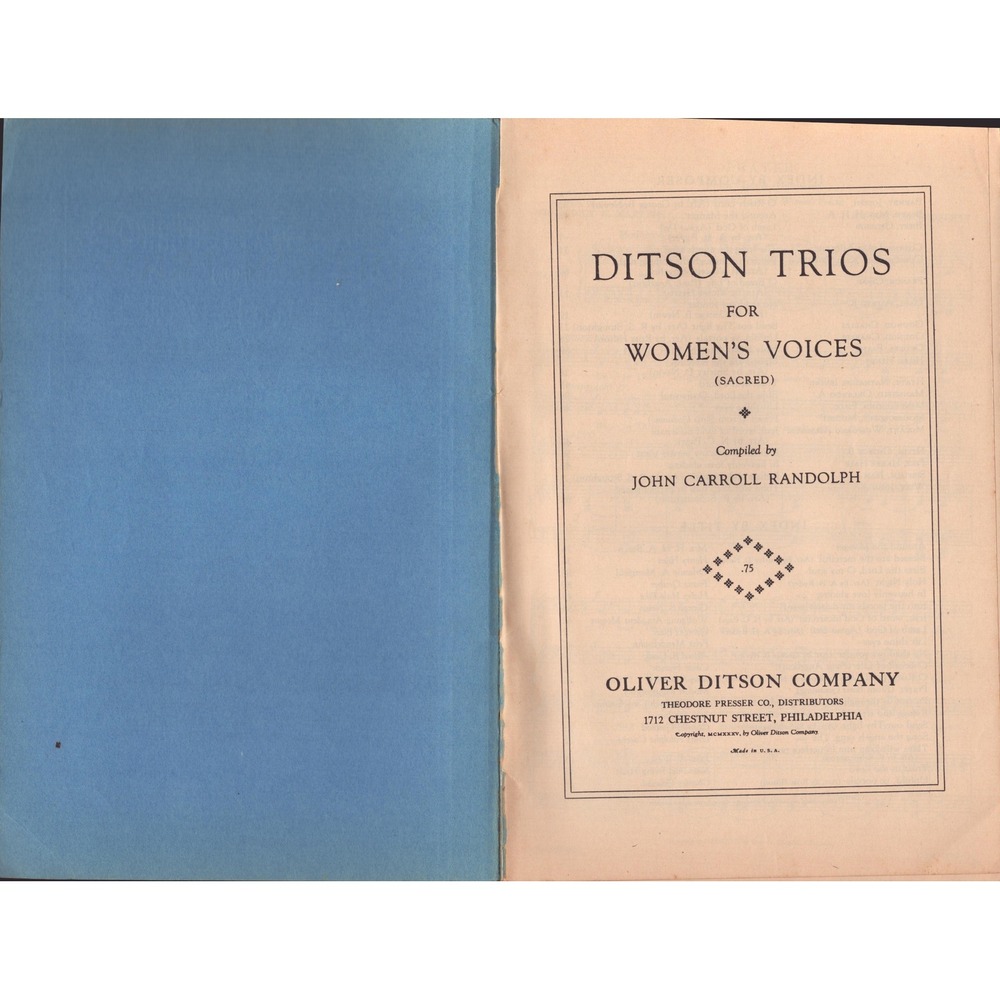 Ditson Trios for Womens Voices Sacred John Carroll Randolph Oliver Ditson Co - Picture 3 of 3